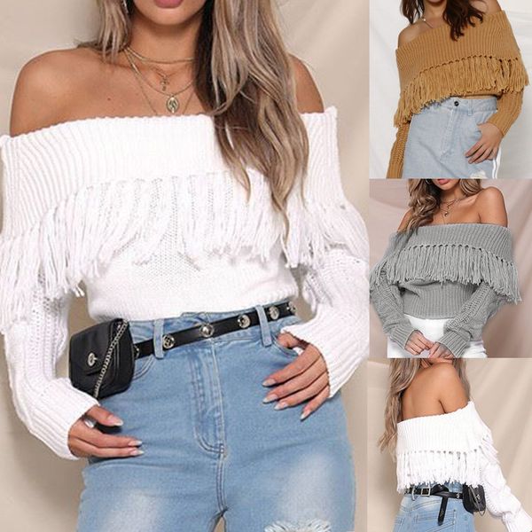 women solid sweater autumn off shoulder slash neck casual sweater tassel pullover long sleeve loose sweaters blouse, White;black
women solid sweater autumn off shoulder slash neck casual sweater tassel pullover long sleeve loose sweaters blouse, White;black