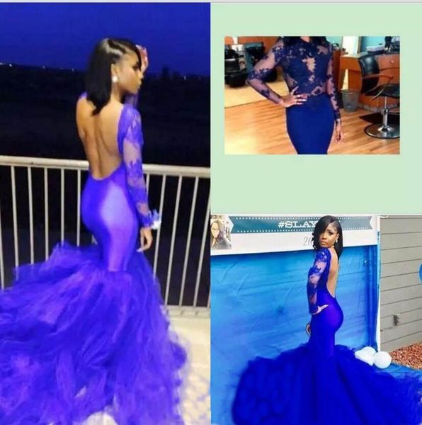 latest long sleeves mermaid prom dresses backless royal blue tulle satin sweep train formal evening gowns, Black
latest long sleeves mermaid prom dresses backless royal blue tulle satin sweep train formal evening gowns, Black