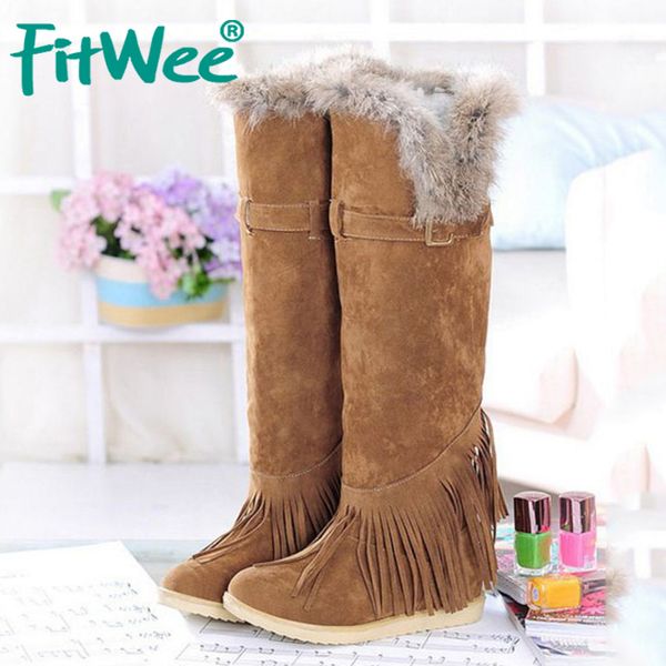 

fitwee 5 colors size 34-43 women flats boots metal buckle fringes plush fur winter botas fashion knee boots women footwear, Black