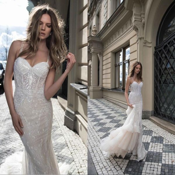 berta 2019 spaghetti bling full lace mermaid wedding dresses long sequins major beading backless bridal gowns tiered skirts ba0263, White 
berta 2019 spaghetti bling full lace mermaid wedding dresses long sequins major beading backless bridal gowns tiered skirts ba0263, White