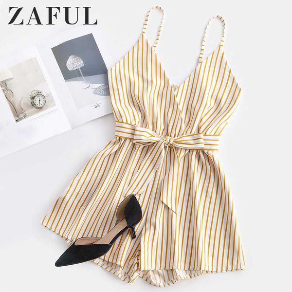 

zaful striped surplice cami romper casual brief regular striped female backless playsuits urban shorts summer women jumpsuits, Black;white