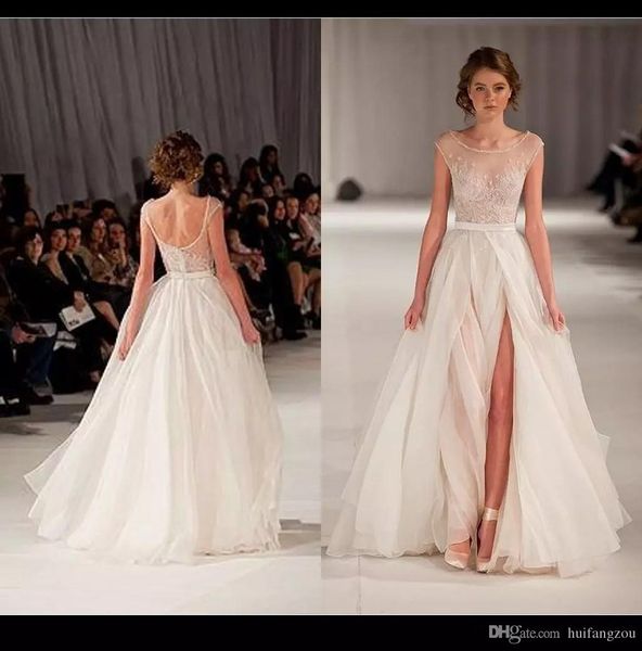 paolo sebasatian beach wedding dresses illusion lace applique sheer neck bridal gowns side split floor length boho wedding dresses, White
paolo sebasatian beach wedding dresses illusion lace applique sheer neck bridal gowns side split floor length boho wedding dresses, White