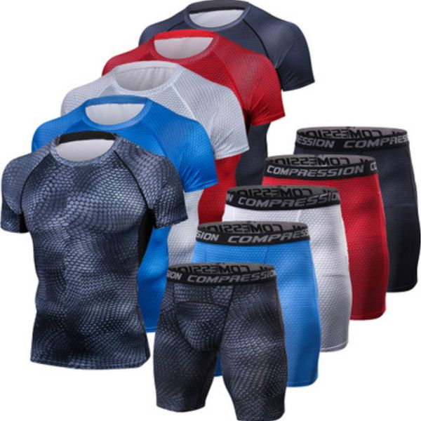 mens sports suits running shorts compression sportswear quick dry tracksuit male fitness training t-shirt gym shorts men, Black;blue 
mens sports suits running shorts compression sportswear quick dry tracksuit male fitness training t-shirt gym shorts men, Black;blue