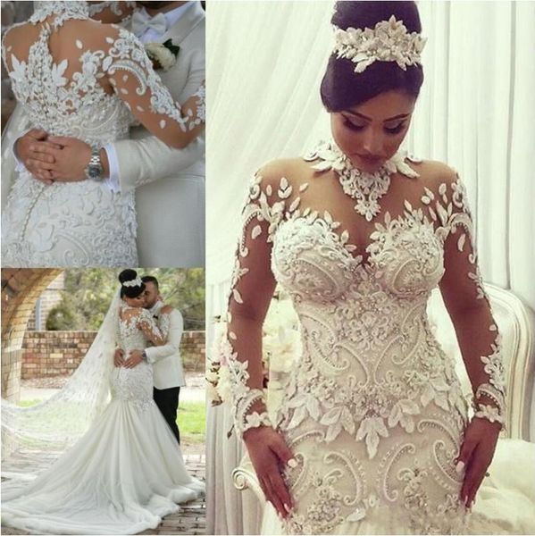 2019 luxury wedding dresses high neck long sleeves crystal beaded applique bridal gowns court train mermaid wedding dress, White
2019 luxury wedding dresses high neck long sleeves crystal beaded applique bridal gowns court train mermaid wedding dress, White