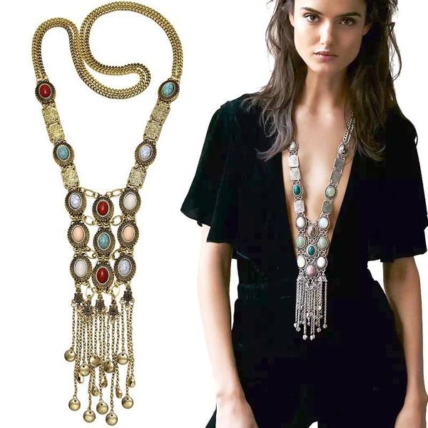 

bohemia women chic maxi necklaces fashion vintage long tassel pendant statement necklaces pendants collar jewelry gold silver color