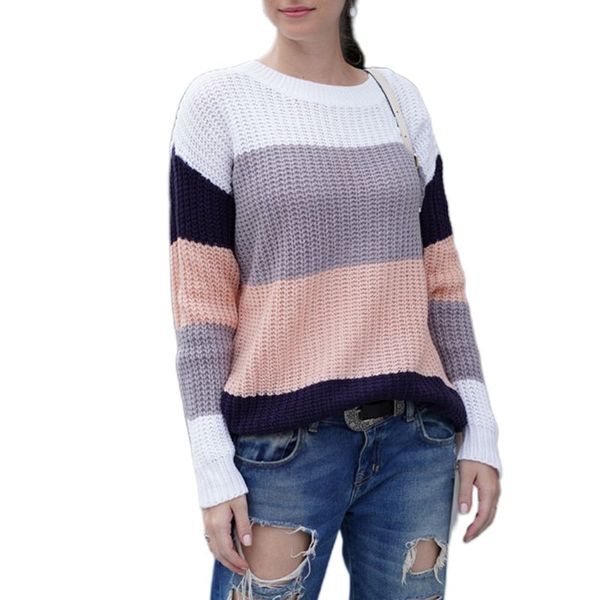 autumn and winter women crew neck long sleeve striped color block knit sweater 094b, White;black
autumn and winter women crew neck long sleeve striped color block knit sweater 094b, White;black