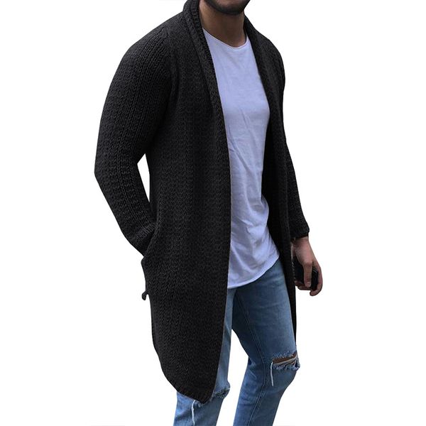 

laamei cardigan men long sleeve midi sweater coat with pocket winter autumn casual solid color long cardigans pull homme, White;black