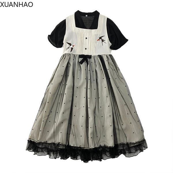 women two piece short sleeve mesh and cartoon embroidery sleeveless mesh dress kne length pleated skirt women sets clothing, White
women two piece short sleeve mesh and cartoon embroidery sleeveless mesh dress kne length pleated skirt women sets clothing, White