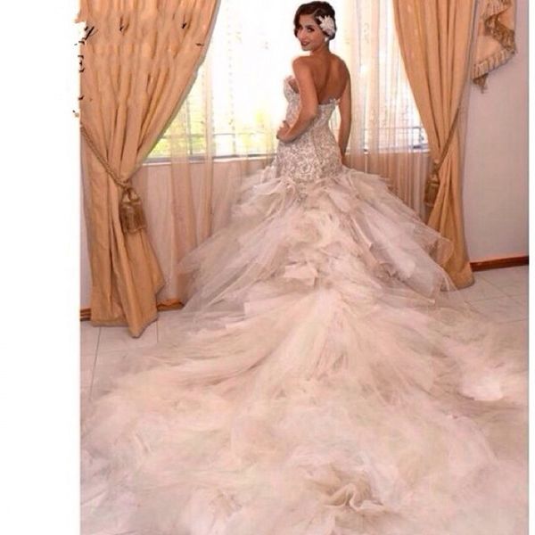 lace mermaid wedding dresses with long cathedral train luxury sweetheart applique ruffled tiered tulle backless castle bridal gowns, White
lace mermaid wedding dresses with long cathedral train luxury sweetheart applique ruffled tiered tulle backless castle bridal gowns, White
