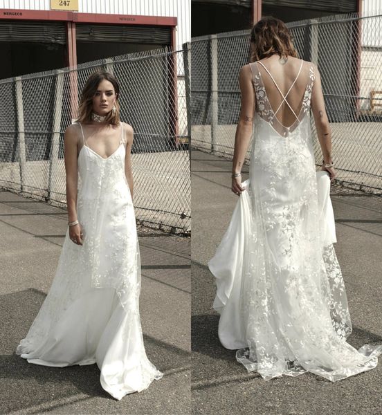 2019 bohemian wedding dresses spaghetti backless lace appliques sweep train boho wedding dress soft satin plus size bridal gowns, White
2019 bohemian wedding dresses spaghetti backless lace appliques sweep train boho wedding dress soft satin plus size bridal gowns, White