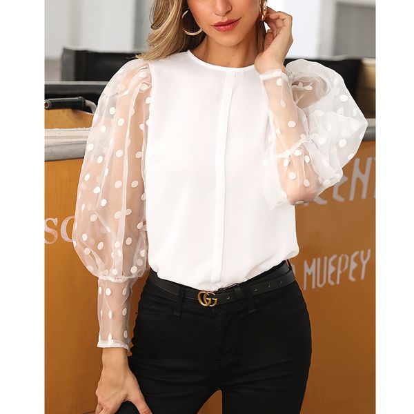 fashion women's long sleeve sheer mesh blouse lantern sleeve vintage polka dot printed baggy o-neck shirts, White
fashion women's long sleeve sheer mesh blouse lantern sleeve vintage polka dot printed baggy o-neck shirts, White