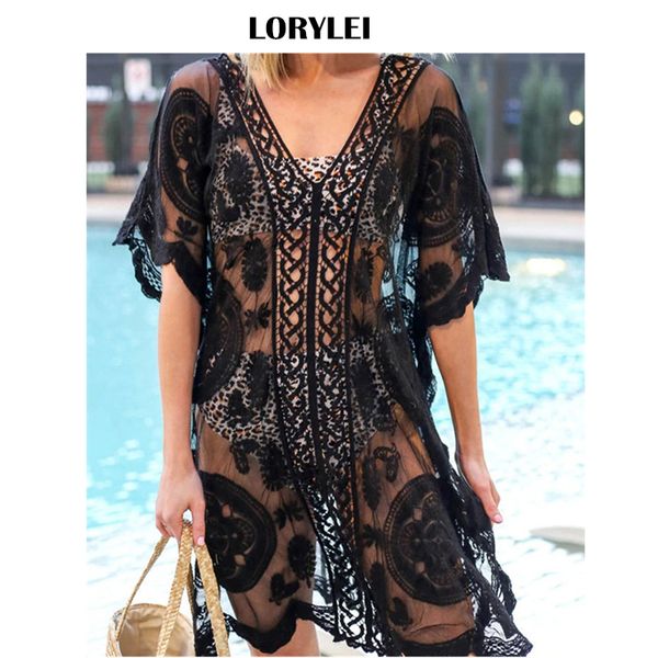 

2019 see through v-neck half sleeve side split summer beach dress sheer lace tunic women beachwear tunic sarong plage n849, Blue;gray