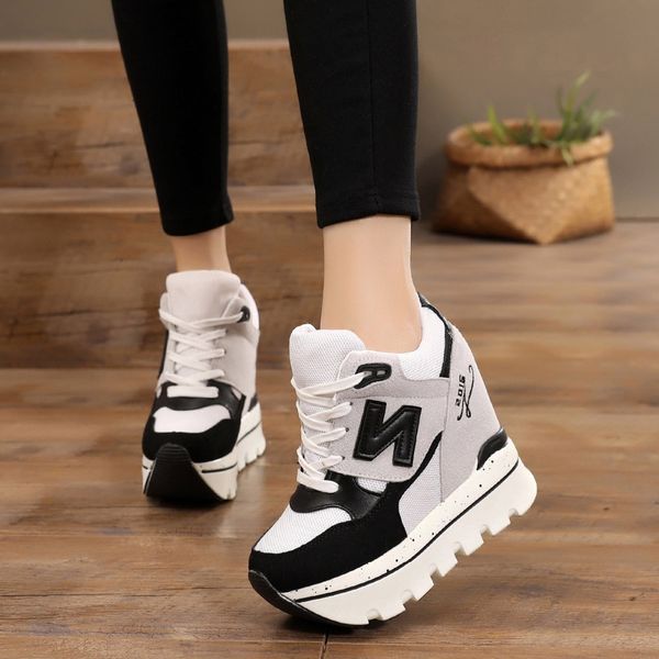 2019 woman platform shoes hidden heel height increasing mesh casual wedges shoes female chaussure femme 11cm heels sneakers, Black 
2019 woman platform shoes hidden heel height increasing mesh casual wedges shoes female chaussure femme 11cm heels sneakers, Black