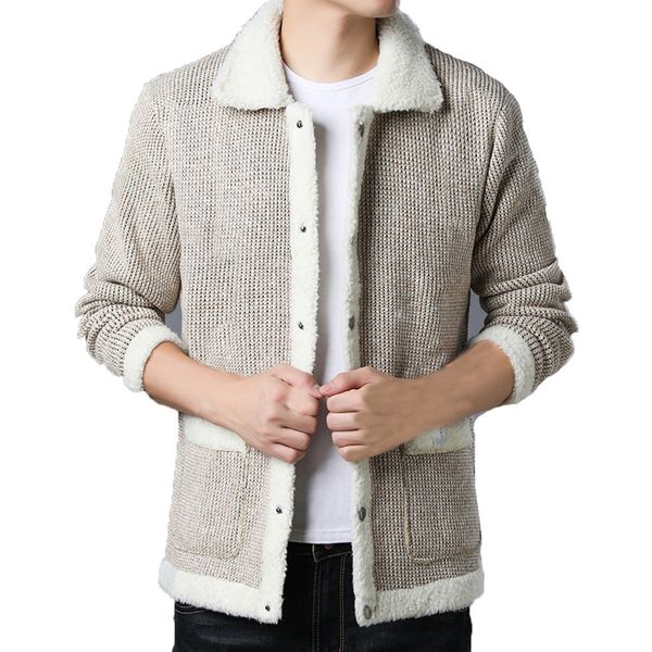 men jacket 2019 new contrast color turndown collar mens sweater knit casual lamb hair thickening slim coat chaquetas para hombre, Black;brown
men jacket 2019 new contrast color turndown collar mens sweater knit casual lamb hair thickening slim coat chaquetas para hombre, Black;brown