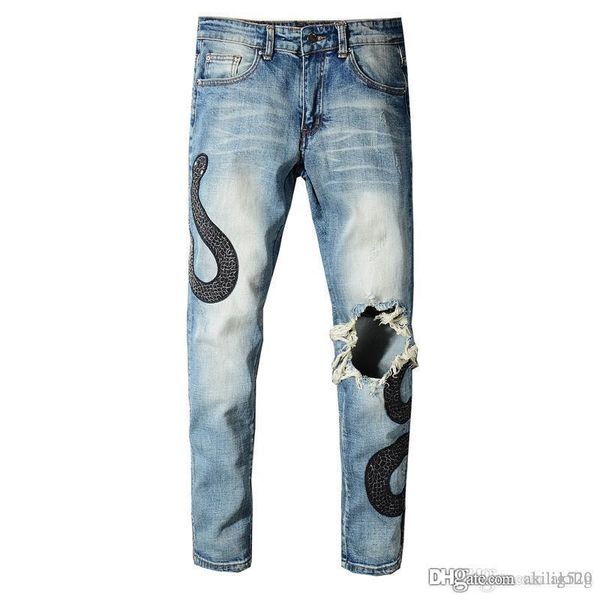 new high street fashion snake embroidery hole denim pants retro old slim feet jeans skinny jogging pants casual man trousers size 28-42, Blue
new high street fashion snake embroidery hole denim pants retro old slim feet jeans skinny jogging pants casual man trousers size 28-42, Blue