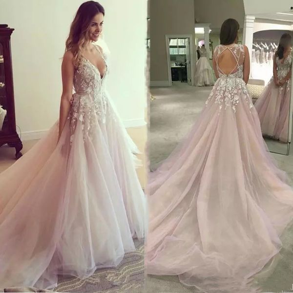 custom deep v neck lace wedding dresses 2019 with appliques tulle backless court train a line wedding bridal gowns vestidos de mariee, White
custom deep v neck lace wedding dresses 2019 with appliques tulle backless court train a line wedding bridal gowns vestidos de mariee, White