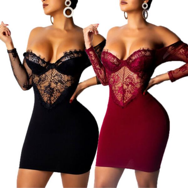 new women bodycon lace off shoulder spliced solid color evening party club short mini dress, Black;gray
new women bodycon lace off shoulder spliced solid color evening party club short mini dress, Black;gray