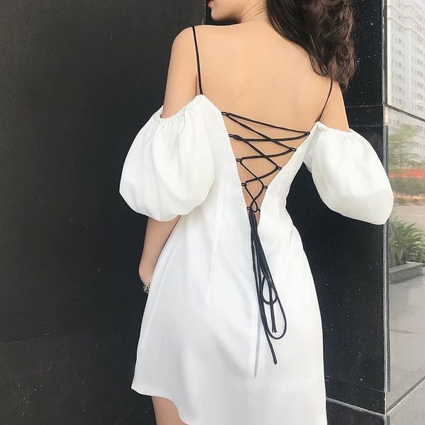 evenworse slash neck hit color backless black lace up puff sleeve dress 2020 summer women elegant fashion street mini dress, Black;gray
evenworse slash neck hit color backless black lace up puff sleeve dress 2020 summer women elegant fashion street mini dress, Black;gray