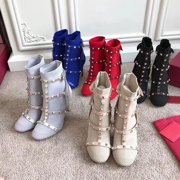 designer studs sock boots high heel ankle boot leather trimmed stretch knit sock booties cage rivet boots 105mm for woman us4-10 with box v0, Black
designer studs sock boots high heel ankle boot leather trimmed stretch knit sock booties cage rivet boots 105mm for woman us4-10 with box v0, Black