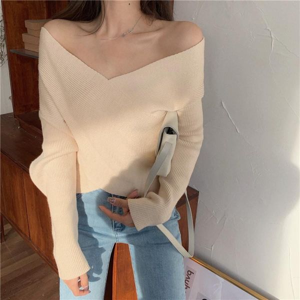 women casual v-neck short solid pullovers full sleeve crossed loose sweaters female knitting crop, White;black
women casual v-neck short solid pullovers full sleeve crossed loose sweaters female knitting crop, White;black