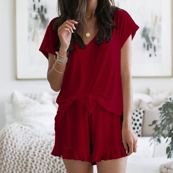 women summer casual pajama sets regular fit short sleeve v neck + solid high waist ruffled shorts with drawstring, Black;red
women summer casual pajama sets regular fit short sleeve v neck + solid high waist ruffled shorts with drawstring, Black;red
