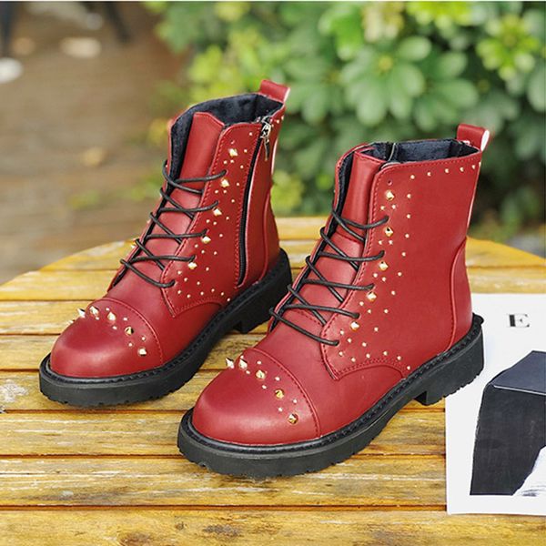 rimocy womens rivet red ankle boots punk black leather shoes woman zip/lace up round toe flat biker boot winter plush warm shoes
rimocy womens rivet red ankle boots punk black leather shoes woman zip/lace up round toe flat biker boot winter plush warm shoes