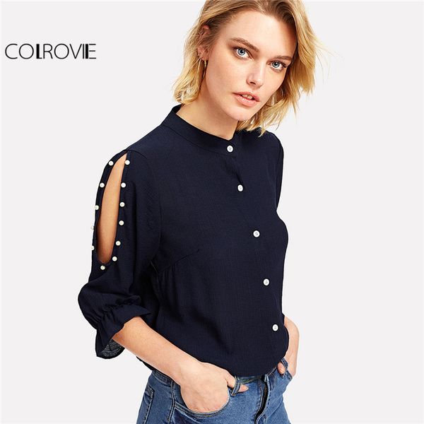 colrovie 2018 spring stand collar pearl beading blouse women 3/4 sleeve split shoulder plain navy casual button shirt, White
colrovie 2018 spring stand collar pearl beading blouse women 3/4 sleeve split shoulder plain navy casual button shirt, White