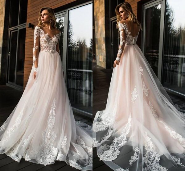 long sleeves light pink wedding dresses sheer neck illusion bodice appliques lace tulle backless wedding gowns bridal dresses, White
long sleeves light pink wedding dresses sheer neck illusion bodice appliques lace tulle backless wedding gowns bridal dresses, White
