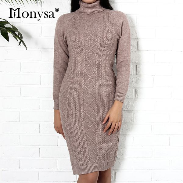 

turtleneck warm dresses women 2018 winter new arrival long sleeve casual knitted dress ladies twist knee length sweater dress, Black;gray