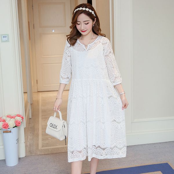 three quarter sleeve pregnant women lace dress+cotton lining twinset solid color v-neck knee-length sweet maternity dress suits, White
three quarter sleeve pregnant women lace dress+cotton lining twinset solid color v-neck knee-length sweet maternity dress suits, White