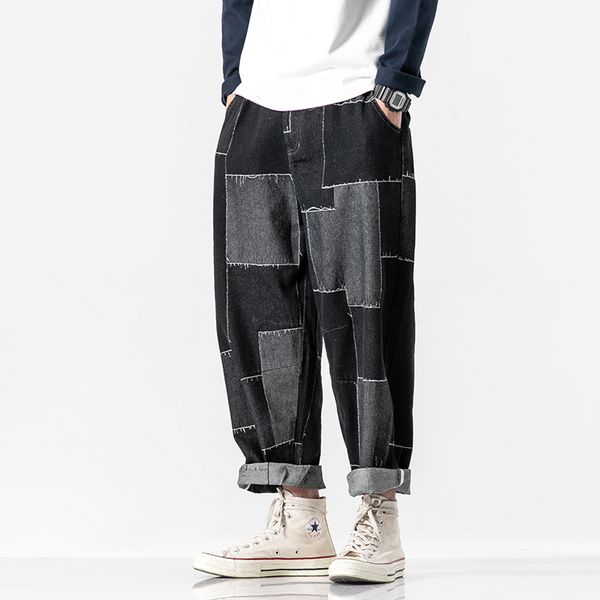 men patch design loose casual denim ankle length harem pant male japan streetwear hip hop jeans trousers, Blue
men patch design loose casual denim ankle length harem pant male japan streetwear hip hop jeans trousers, Blue