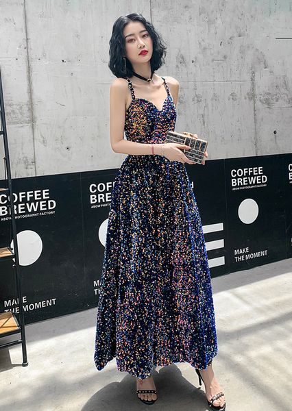 new arrival v neck velvet sequins spaghetti straps party gown women long prom dress custom made, Black
new arrival v neck velvet sequins spaghetti straps party gown women long prom dress custom made, Black