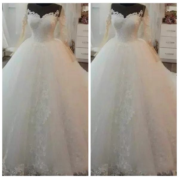 2019 sheer jewel long sleeves lace appliques a-line wedding dresses long formal bridal gowns custom vestidos de marriage formal wedding wear, White
2019 sheer jewel long sleeves lace appliques a-line wedding dresses long formal bridal gowns custom vestidos de marriage formal wedding wear, White