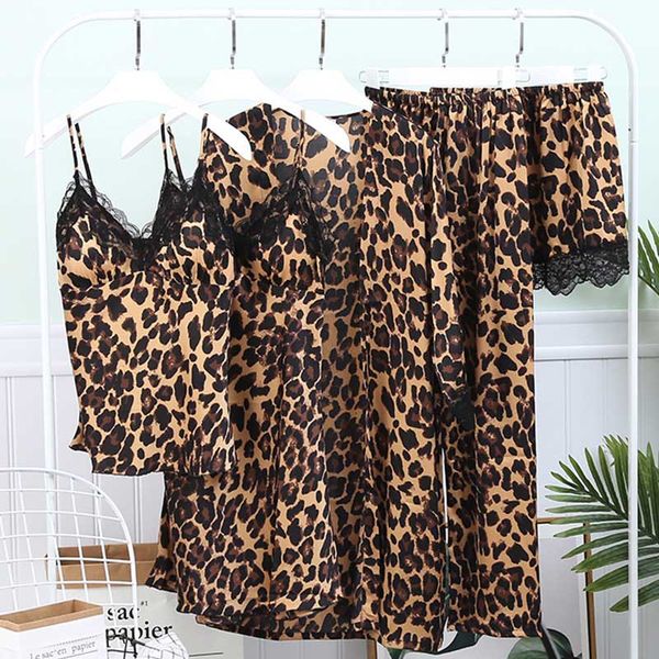 ladies 5 pieces pajamas set autumn leopard print lace ice satin silk women pajamas set with chest pads home suit, Black;red
ladies 5 pieces pajamas set autumn leopard print lace ice satin silk women pajamas set with chest pads home suit, Black;red