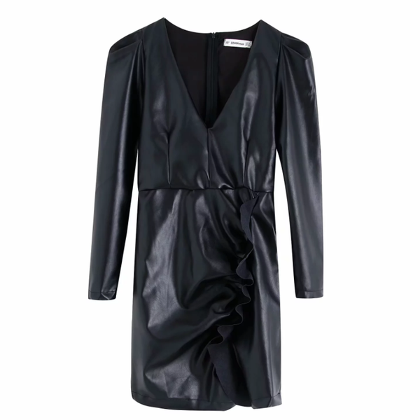 women elegant v neck cascading ruffles pu leather mini dress office lady long sleeve vestido clothing casual slim dresses ds2977, Black;gray
women elegant v neck cascading ruffles pu leather mini dress office lady long sleeve vestido clothing casual slim dresses ds2977, Black;gray