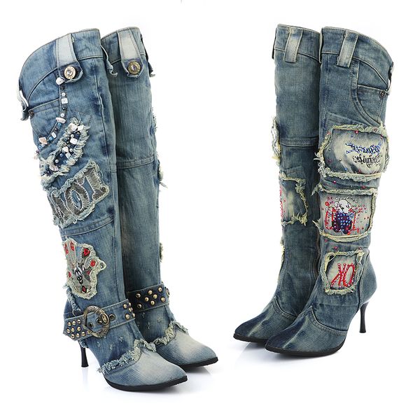 winter high heel rhinestone boots denim fine heel women's boots over-the-knee canvas denim buckle pearl knee high fashion, Black
winter high heel rhinestone boots denim fine heel women's boots over-the-knee canvas denim buckle pearl knee high fashion, Black