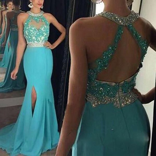 2019 high slit formal mermaid slim prom dresses halter neck crystal applique blue evening gowns backless party vestidos de soiree, Black
2019 high slit formal mermaid slim prom dresses halter neck crystal applique blue evening gowns backless party vestidos de soiree, Black