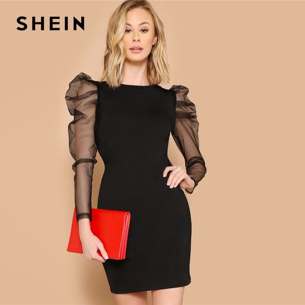 shein glamorous black sheer contrast mesh gigot sleeve pencil plain slim dress women casual 2019 summer puff sleeve dresses, Black;pink