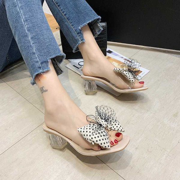 bow pvc transparent heel slippers women square toe high heel slippers summer fashion clear sandals women 2020, Black