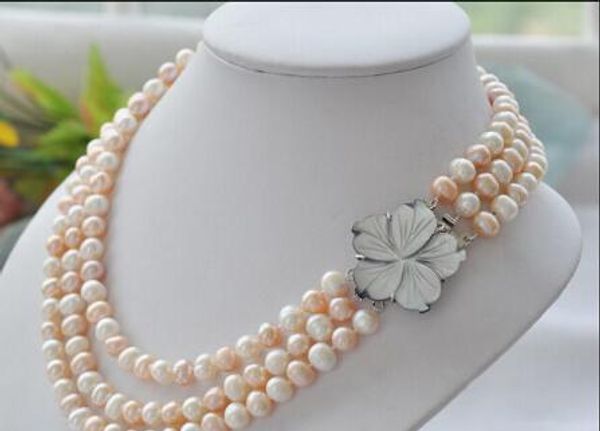 necklace +++ 3row 8mm white pink round freshwater cultured pearl necklace, Silver
necklace +++ 3row 8mm white pink round freshwater cultured pearl necklace, Silver