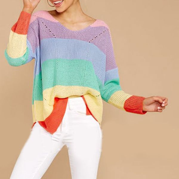 women rainbow stripe knitting sweater shirt blouse v neck long sleeve contrast gdd99, White;black
women rainbow stripe knitting sweater shirt blouse v neck long sleeve contrast gdd99, White;black