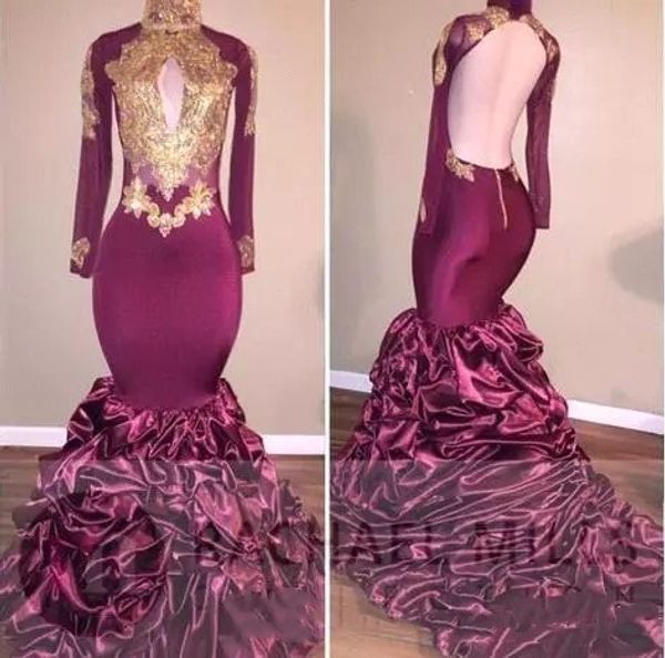 2019 high neck sheer long sleeves mermaid prom dresses with gold lace appliques backless formal special occasion party gowns evening, Black
2019 high neck sheer long sleeves mermaid prom dresses with gold lace appliques backless formal special occasion party gowns evening, Black