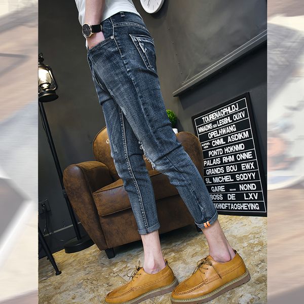 2019 men's casual hole jeans korean fashion trend england slim slim stretch feet nine pants, Blue
2019 men's casual hole jeans korean fashion trend england slim slim stretch feet nine pants, Blue