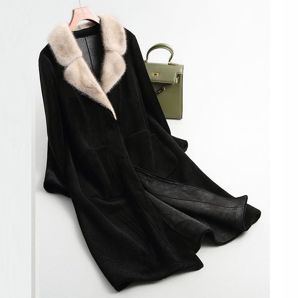 100% wool new grain sheep shearing fur one water mink collar shear grass coat female long section, Black
100% wool new grain sheep shearing fur one water mink collar shear grass coat female long section, Black