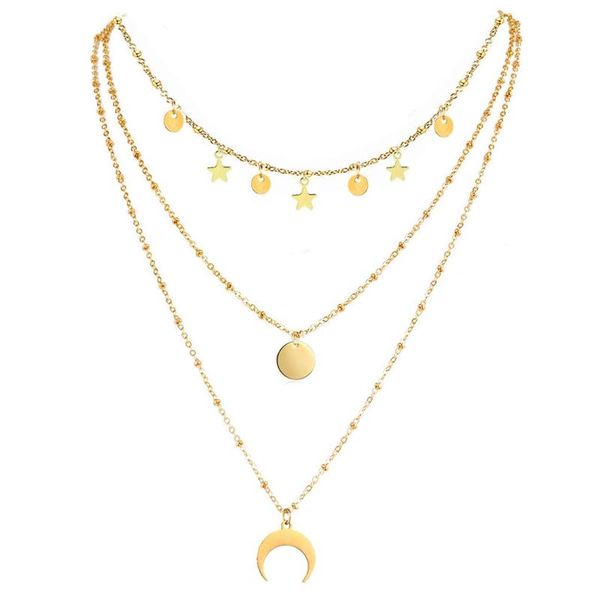 multi layers stainless steel star tassel choker for woman jewelry 3 layer chains horn round disc moon pendant necklaces, Silver
multi layers stainless steel star tassel choker for woman jewelry 3 layer chains horn round disc moon pendant necklaces, Silver