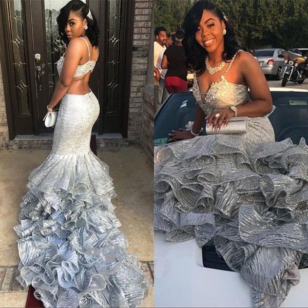 spaghetti straps mermaid prom party dresses 2019 silver bead lace applique layered ruffles backless floor length formal evening gowns, Black
spaghetti straps mermaid prom party dresses 2019 silver bead lace applique layered ruffles backless floor length formal evening gowns, Black