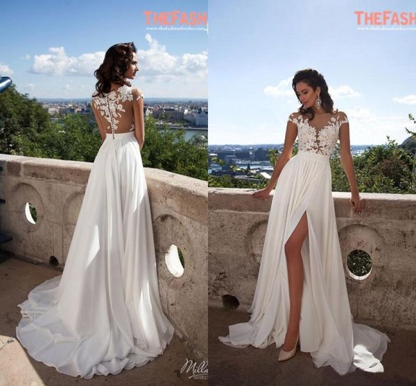 2019 backless a-line chiffon beach wedding dresses lace appliques sheer neck cap sleeves thigh-high slits bridal gowns custom made, White
2019 backless a-line chiffon beach wedding dresses lace appliques sheer neck cap sleeves thigh-high slits bridal gowns custom made, White