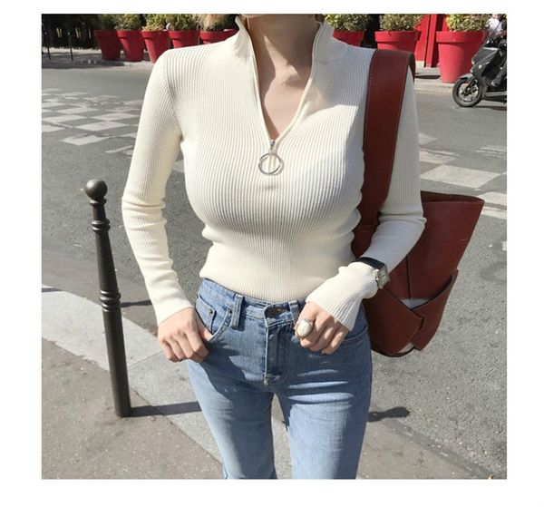 women's knits & tees 2019 new elegant slim sweater tight zip shirt simple solid color blouse, White
women's knits & tees 2019 new elegant slim sweater tight zip shirt simple solid color blouse, White