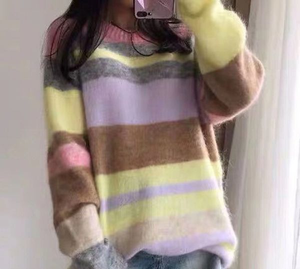 women sweater 2019 autumn and winter mohair wool striped colorblock pullover long sweater, White;black
women sweater 2019 autumn and winter mohair wool striped colorblock pullover long sweater, White;black