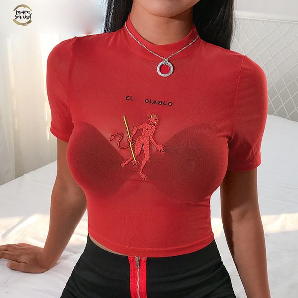 red devil embroidery mesh tshirt women short sleeve turtleneck cute tee shirt femme transparent summer t shirt, White
red devil embroidery mesh tshirt women short sleeve turtleneck cute tee shirt femme transparent summer t shirt, White